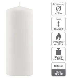 Sada stĺpových sviečok, 25 cm, Ø10 cm, biela, 4 ks