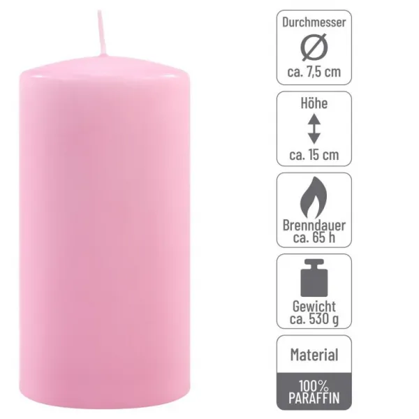 Sada stĺpových sviečok, 15 cm, Ø 7,5 cm, ružová, 2 ks