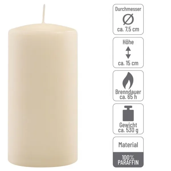Sada stĺpových sviečok, 15 cm, Ø 7,5 cm, krémová, 6 ks