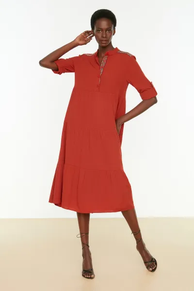 Trendyol Tile Border Detailed Woven Flounce Woven Dress