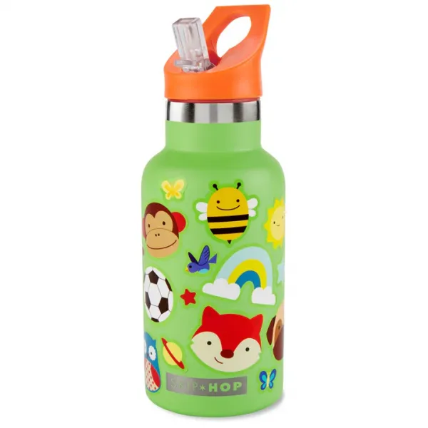 SKIP HOP Fľaša so slamkou nerezová s nálepkami canteen zelená 380 ml, 4r+