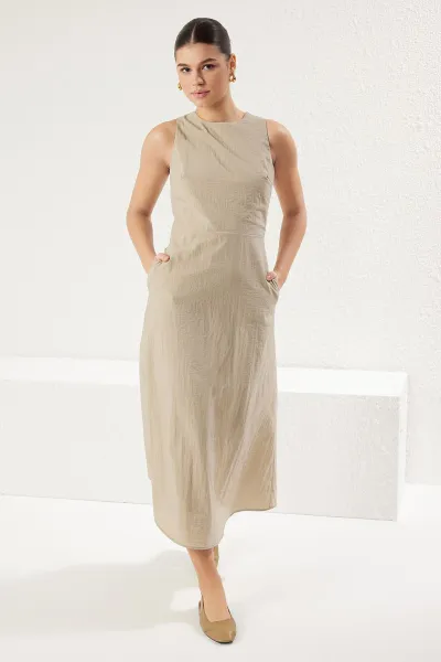 Trendyol Dark Beige A Cut Back Detail Midi Woven Dress