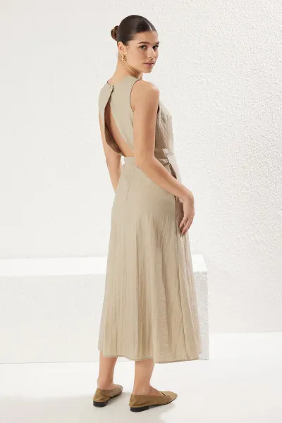 Trendyol Dark Beige A Cut Back Detail Midi Woven Dress