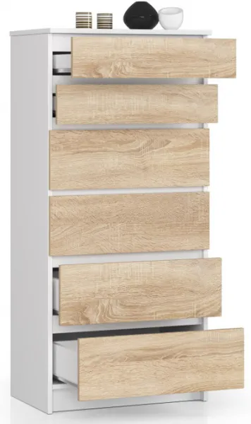 Ak furniture Komoda Kuba 60 cm - 6 zásuviek biela/sonoma