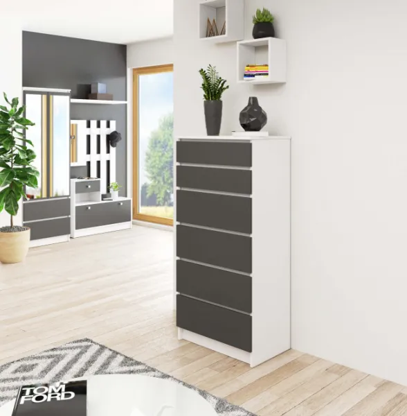 Ak furniture Komoda Kuba 60 cm - 6 zásuviek I biela/grafit