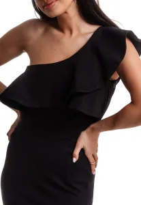 Black dress with decorative frill at the La Diva neckline
