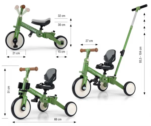 Detská trojkolka 5v1 Milly Mally Optimus Max s vodiacou tyčou green