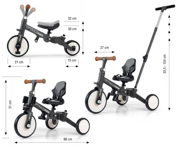 Detská trojkolka 5v1 Milly Mally Optimus Max s vodiacou tyčou dark grey