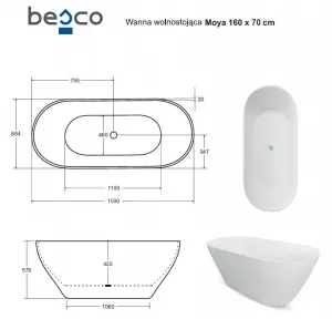 BESCO - Voľne stojaca vaňa MOYA biela matná - Farba - Biela matná, Farba sifónu - Chróm, Rozmer vane - 160 × 68 cm VANMOYA160CM