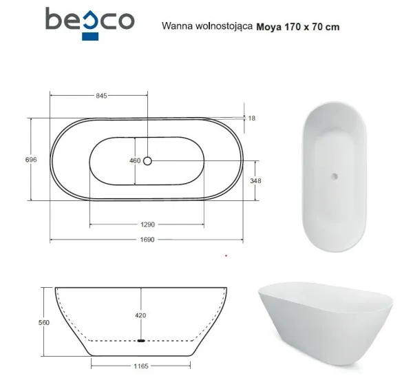 BESCO - Voľne stojaca vaňa MOYA biela lesklá - Farba - Biela lesklá, Farba sifónu - Čierna, Rozmer vane - 170 × 70 cm VANMOYA170BC