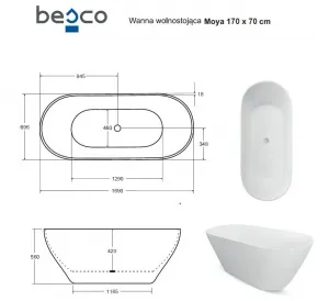 BESCO - Voľne stojaca vaňa MOYA biela lesklá - Farba - Biela lesklá, Farba sifónu - Čierna, Rozmer vane - 170 × 70 cm VANMOYA170BC