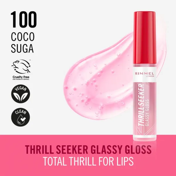 Rimmel Thrill Seeker Glassy Gloss lesk na pery pre väčší objem odtieň 100 Coco Suga 10 ml