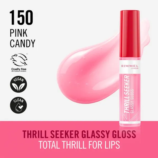 Rimmel Thrill Seeker Glassy Gloss lesk na pery pre väčší objem odtieň 150 Pink Candy 10 ml