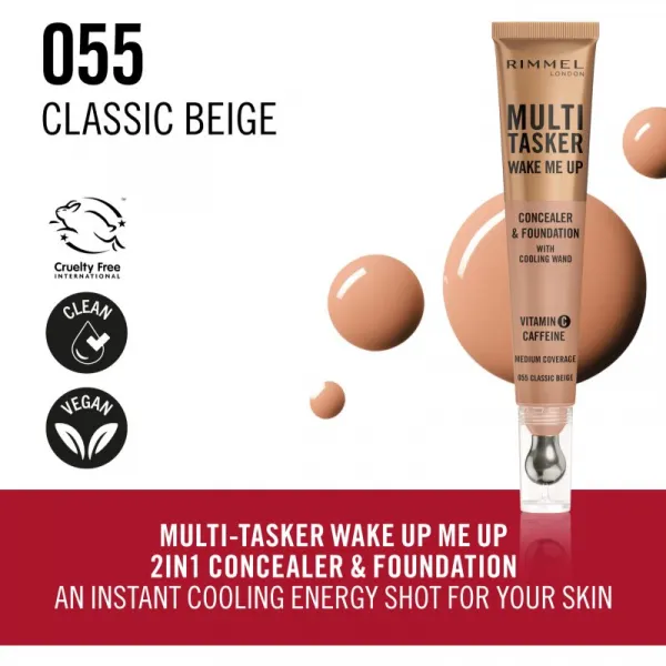 Rimmel Multi-Tasker Wake Me Up make-up a korektor pre rozjasnenie pleti odtieň 55 Classic Beige 20 ml