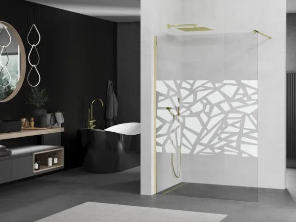 MEXEN/S - KIOTO Sprchová zástena WALK-IN 90x200 cm 8 mm, zlatá, biely vzor 800-090-101-50-85