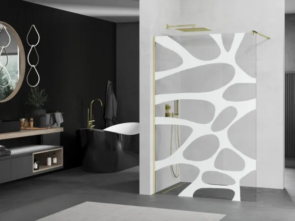 MEXEN/S - KIOTO Sprchová zástena WALK-IN 100x200 cm 8 mm, zlatá, biely vzor 800-100-101-50-97