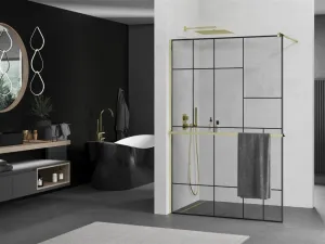 MEXEN/S - KIOTO Sprchová zástena WALK-IN s poličkou a držiakom uterákov 80 x 200, transparent/čierna 8 mm, zlatá 800-080-121-50-78