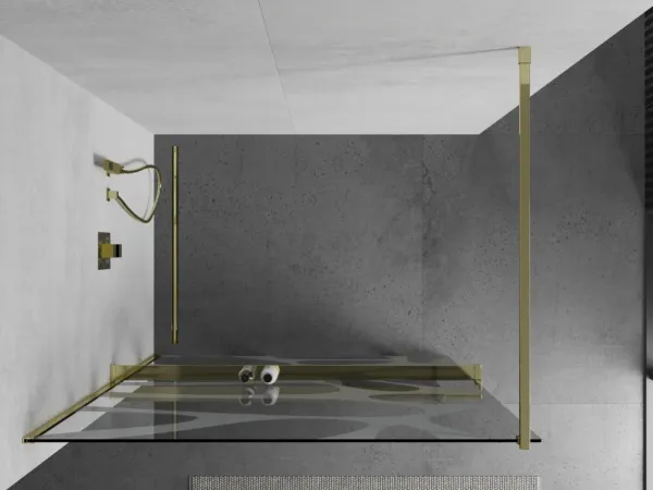 MEXEN/S - KIOTO Sprchová zástena WALK-IN s poličkou a držiakom uterákov 80 x 200, transparent/bialy vzór 8 mm, zlatá 800-080-121-50-97