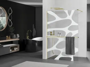 MEXEN/S - KIOTO Sprchová zástena WALK-IN s poličkou a držiakom uterákov 80 x 200, transparent/bialy vzór 8 mm, zlatá 800-080-121-50-97
