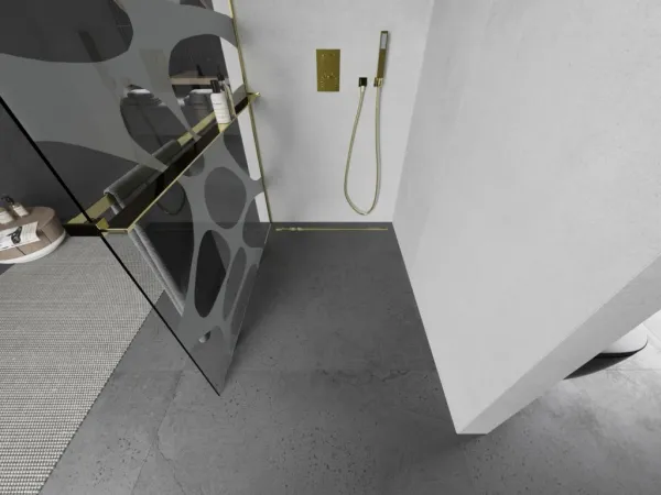 MEXEN/S - KIOTO Sprchová zástena WALK-IN s poličkou a držiakom uterákov 80 x 200, transparent/bialy vzór 8 mm, zlatá 800-080-121-50-97