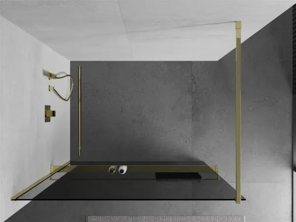 MEXEN/S - KIOTO Sprchová zástena WALK-IN s poličkou a držiakom uterákov 70 x 200, grafit 8 mm, zlatá 800-070-121-50-40