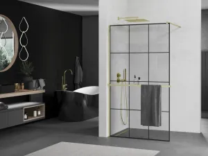 MEXEN/S - KIOTO Sprchová zástena WALK-IN s poličkou a držiakom uterákov 110 x 200, transparent/čierna 8 mm, zlatá 800-110-121-50-77