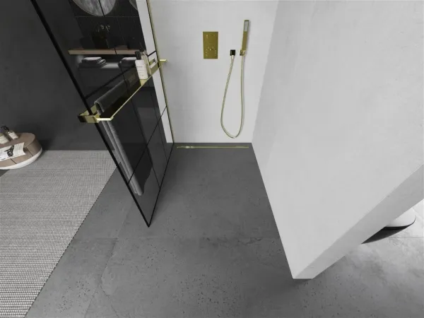 MEXEN/S - KIOTO Sprchová zástena WALK-IN s poličkou a držiakom uterákov 110 x 200, transparent/čierna 8 mm, zlatá 800-110-121-50-77