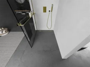 MEXEN/S - KIOTO Sprchová zástena WALK-IN s poličkou a držiakom uterákov 110 x 200, transparent/čierna 8 mm, zlatá 800-110-121-50-77