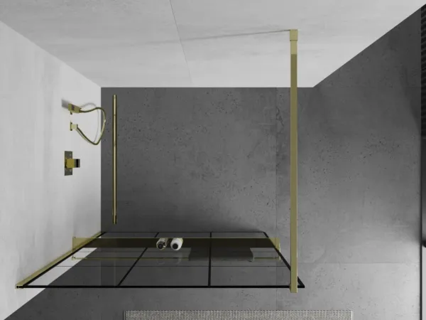 MEXEN/S - KIOTO Sprchová zástena WALK-IN s poličkou a držiakom uterákov 100 x 200, transparent/čierna 8 mm, zlatá - 800-090-121-50-77 800-100-121-50-77