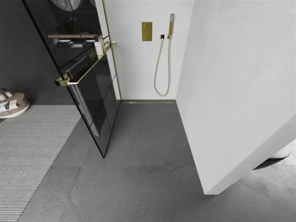 MEXEN/S - KIOTO Sprchová zástena WALK-IN s poličkou a držiakom uterákov 120 x 200, transparent/čierna 8 mm, zlatá 800-120-121-50-77
