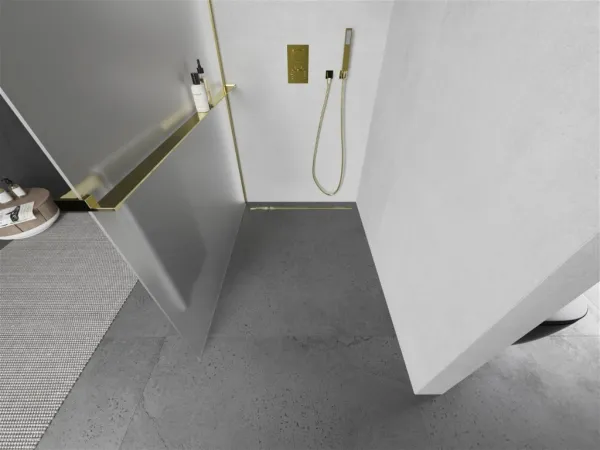 MEXEN/S - KIOTO Sprchová zástena WALK-IN s poličkou a držiakom uterákov 120 x 200, matné sklo 8 mm, zlatá 800-120-121-50-30