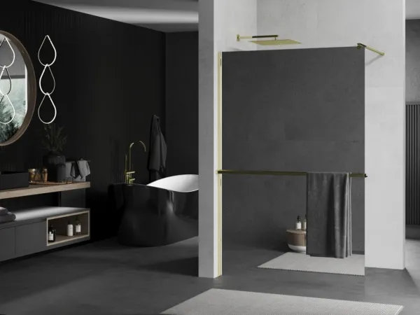 MEXEN/S - KIOTO Sprchová zástena WALK-IN s poličkou a držiakom uterákov 80 x 200, zrkadlové 8 mm, zlatá 800-080-121-50-50