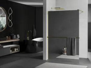 MEXEN/S - KIOTO Sprchová zástena WALK-IN s poličkou a držiakom uterákov 80 x 200, zrkadlové 8 mm, zlatá 800-080-121-50-50