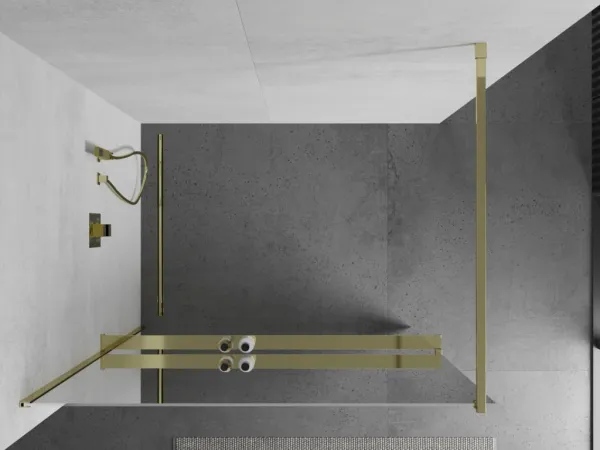 MEXEN/S - KIOTO Sprchová zástena WALK-IN s poličkou a držiakom uterákov 80 x 200, zrkadlové 8 mm, zlatá 800-080-121-50-50