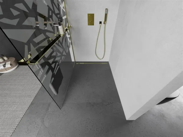 MEXEN/S - KIOTO Sprchová zástena WALK-IN s poličkou a držiakom uterákov 90 x 200, transparent/bialy vzór 8 mm, zlatá 800-090-121-50-85