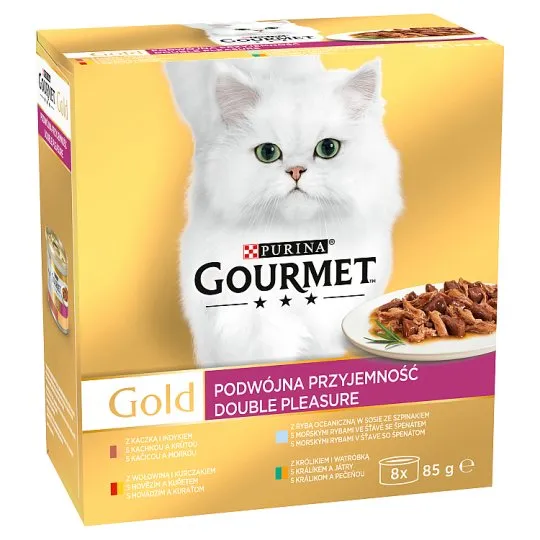 GOURMET GOLD Multipack 12(8x85g) hovädzie s kuraťom/králik s pečeňou/morské ryby so špenatom/kačica s morkou