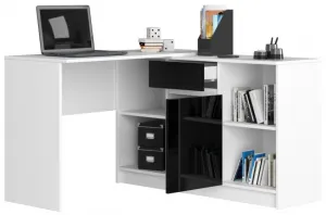 Ak furniture Rohový psací stůl B-17 s komodou bílý/černý lesk