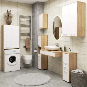 Ak furniture Závěsná koupelnová skříňka Fin W64 2D 64 cm bílá/dub sonoma