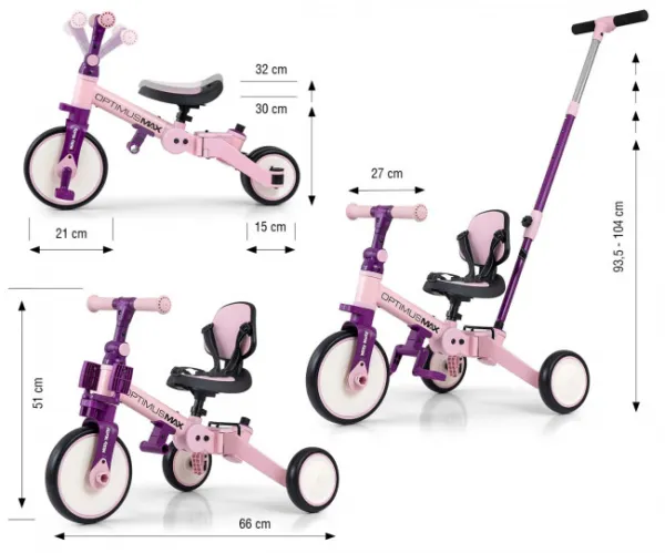 Detská trojkolka 5v1 Milly Mally Optimus Max s vodiacou tyčou pink