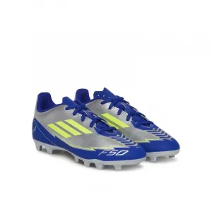 Chlapčenské futbalové kopačky outdoorové ADIDAS F50 Club Messi Jr FG silver metallic solar yellow lucid blue