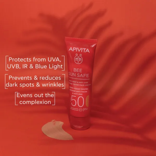 Apivita Bee Sun Safe Anti-Spot and Anti-Age Tinted Face Cream SPF50 ochranný tónovací krém na tvár SPF 50 odtieň Golden 50 ml