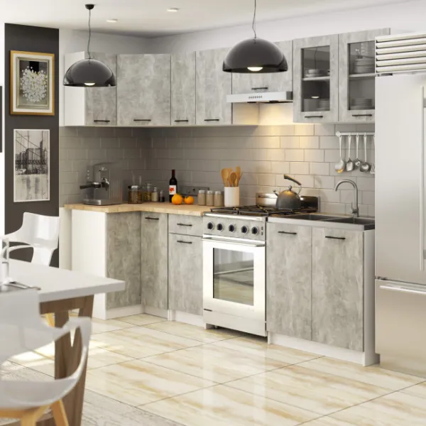 Ak furniture Kuchyňská rohová linka Olivie 3 m prosklená beton/dub sonoma