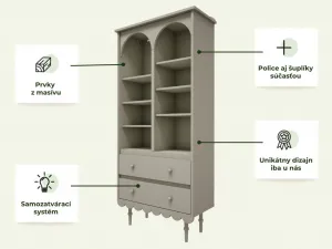 Vysoký úložný regál s policami a šuplíkom BABUSHKA olivový