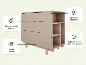 Detská komoda s tromi šuplíkmi a otvoreným regálom BASIC mocca