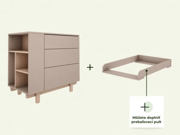 Detská komoda s tromi šuplíkmi a otvoreným regálom BASIC mocca