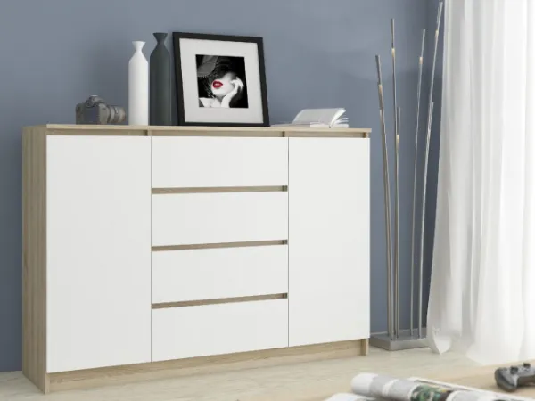 Ak furniture Komoda Kryštof 140 cm 2 skrinky a 4 zásuvky dub sonoma/biela