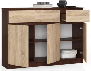 Ak furniture Komoda Karolína 140 cm 3 skrinky a 3 zásuvky wenge/sonoma
