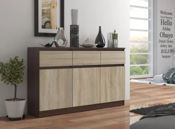 Ak furniture Komoda Karolína 140 cm 3 skrinky a 3 zásuvky wenge/sonoma
