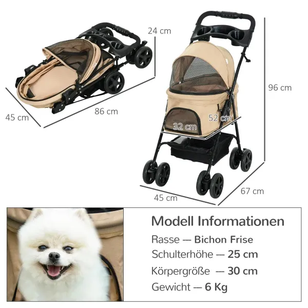 PawHut Kočárek pro psy do 4 kg a 32 cm, khaki