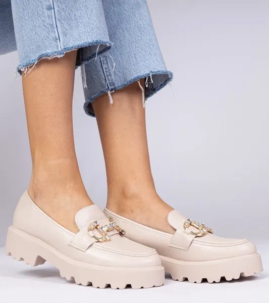 marka niezdefiniowana Beige elegant moccasins with rhinestones Zelda